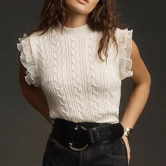 BiBi Contrast Cable Ruffle Sweater Tank - Picture 1 of 10